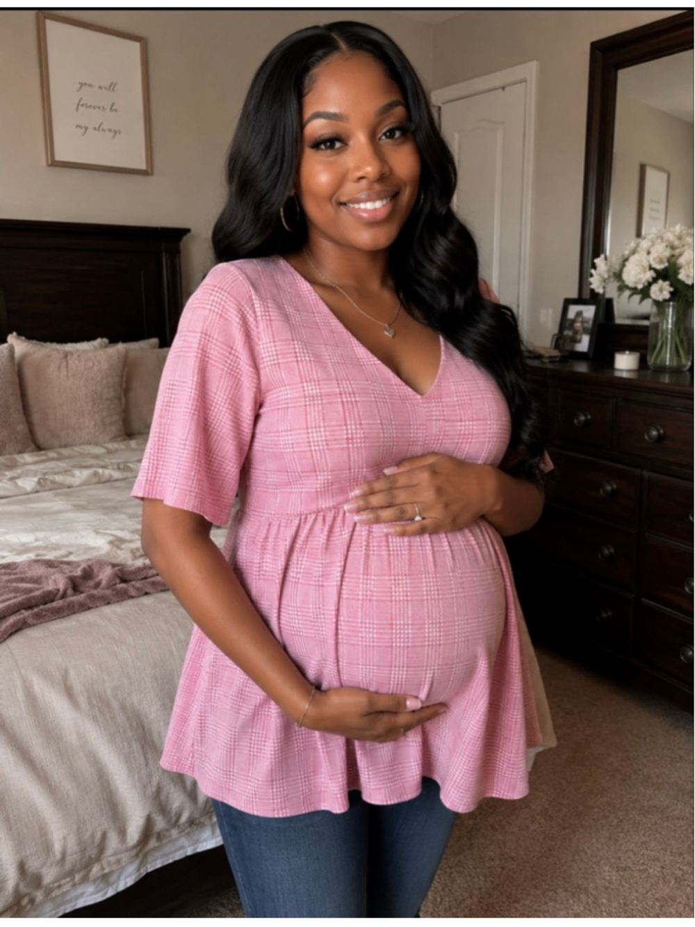 Women's Hello Miz Pink Plaid Maternity Tunic Top L